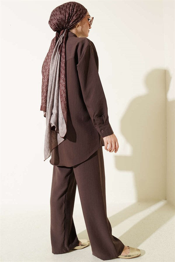 Self-Striped Shirt 2 Piece Set in Coffee