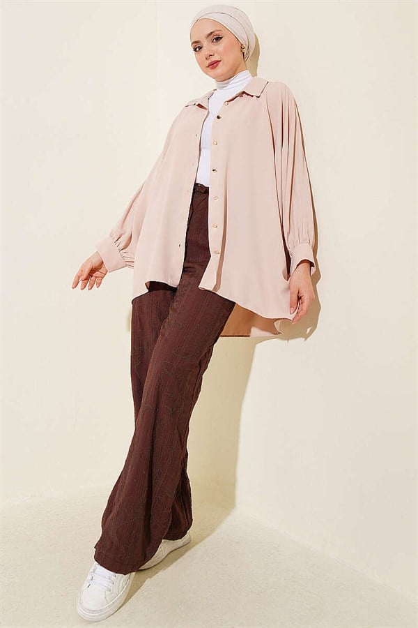 Self-Patterned Elastic Waist Trousers, Brown