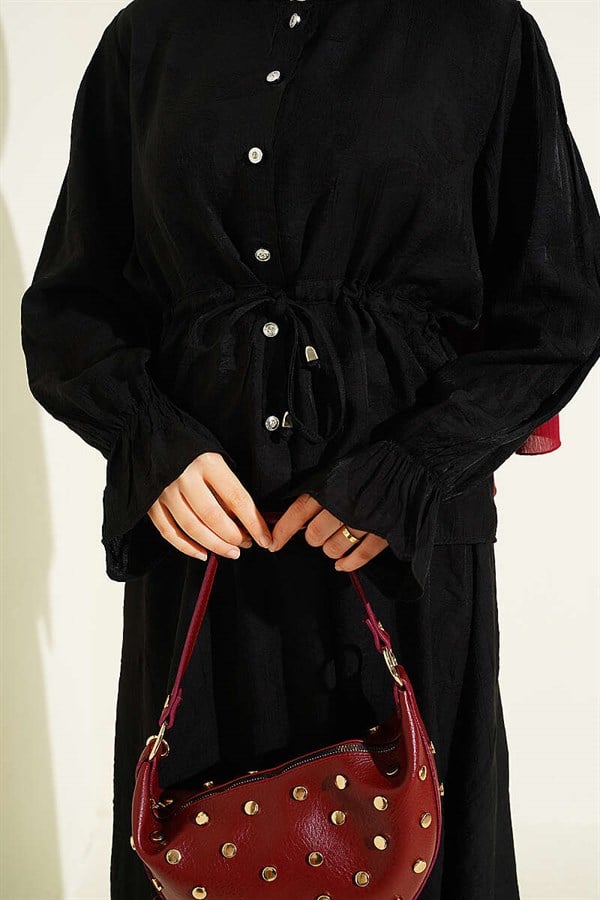 Self-Patterned Waist Tunnel Skirt 2 Piece Set, Black