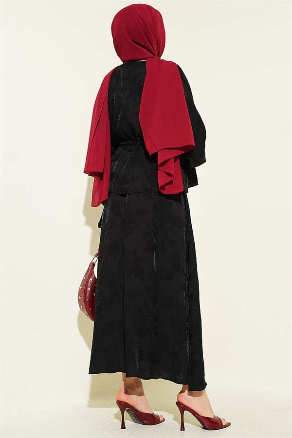 Self-Patterned Waist Tunnel Skirt 2 Piece Set, Black