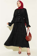 Self-Patterned Waist Tunnel Skirt 2 Piece Set, Black