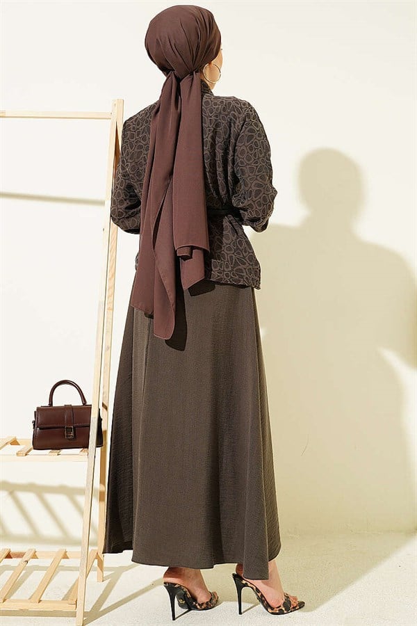 Self-Patterned Tencel Skirt 2 Piece Set with Belt, Dark Mink