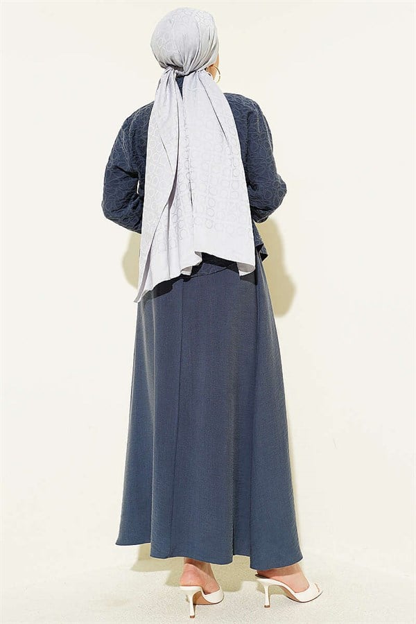 Self-patterned Tencel Skirt 2 Piece Set with Belt, Navy Blue