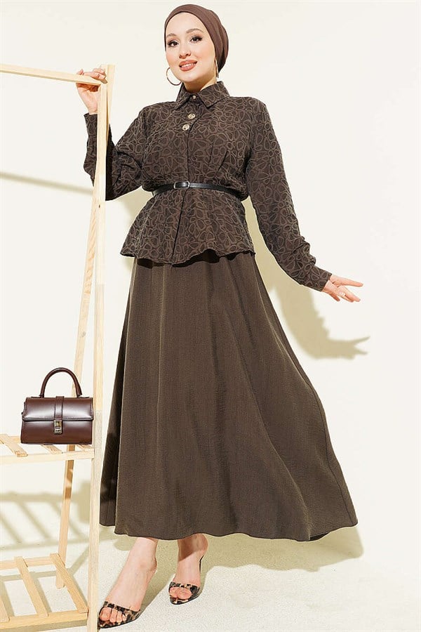 Self-Patterned Tencel Skirt 2 Piece Set with Belt, Dark Mink