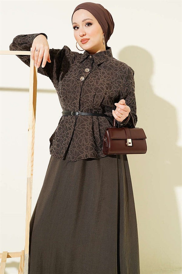 Self-Patterned Tencel Skirt 2 Piece Set with Belt, Dark Mink