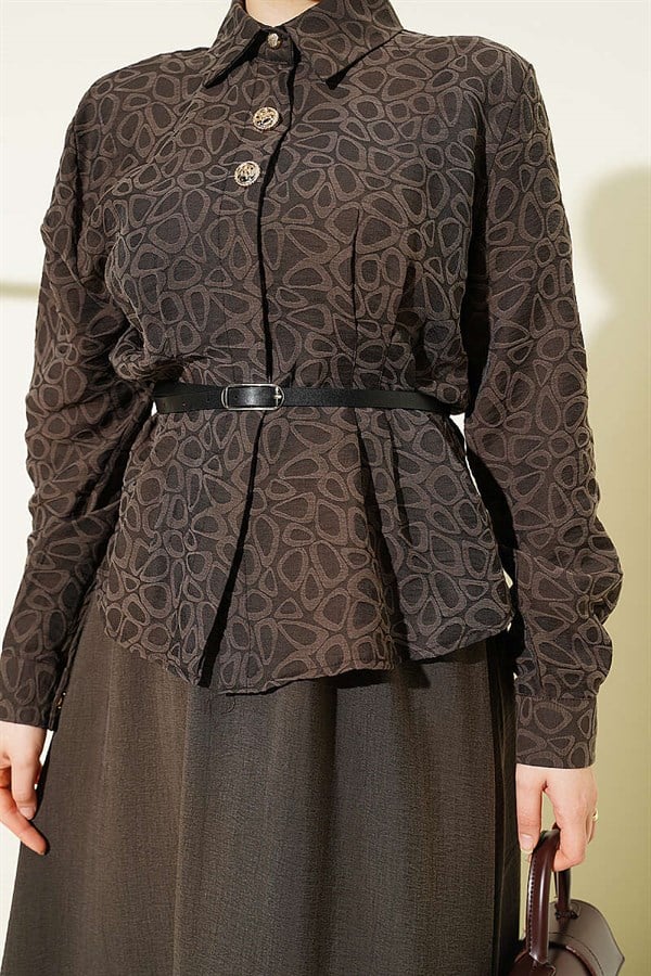 Self-Patterned Tencel Skirt 2 Piece Set with Belt, Dark Mink
