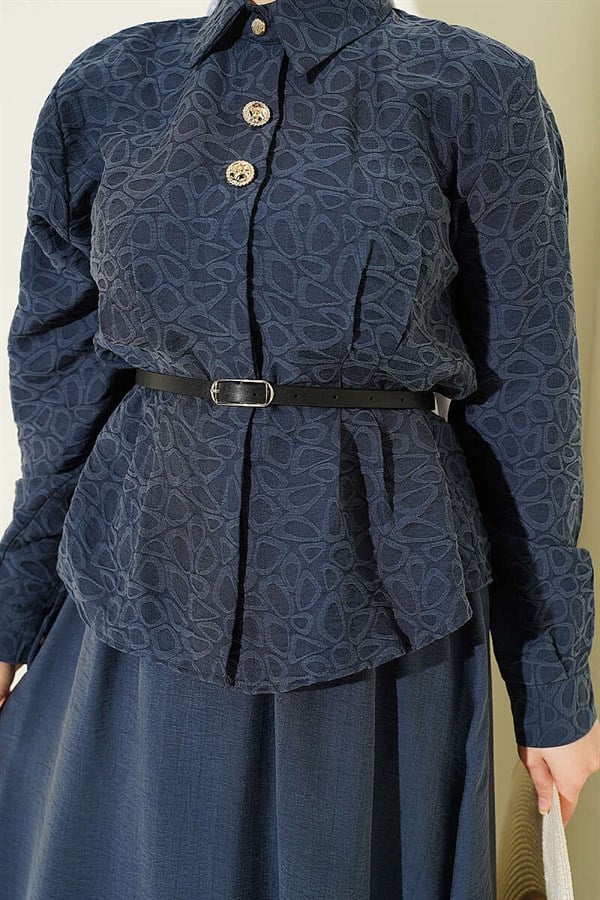 Self-patterned Tencel Skirt 2 Piece Set with Belt, Navy Blue