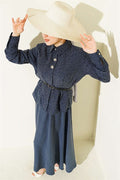 Self-patterned Tencel Skirt 2 Piece Set with Belt, Navy Blue