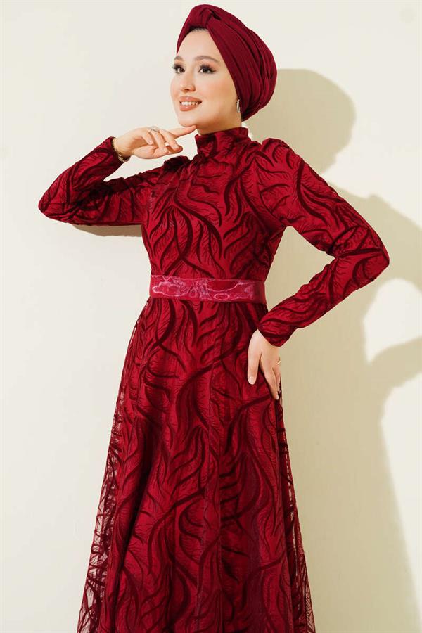 Self-Patterned Tulle Belt Evening Dress Burgundy