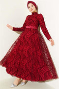 Self-Patterned Tulle Belt Evening Dress Burgundy