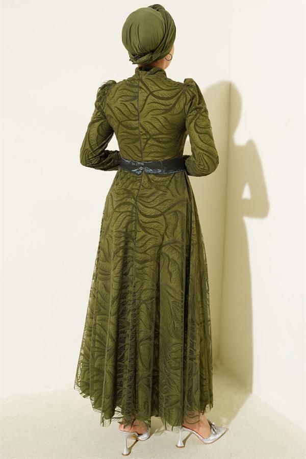 Self-Patterned Tulle Belt Evening Dress Khaki