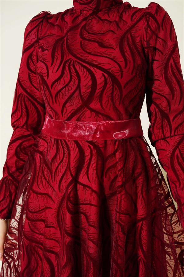 Self-Patterned Tulle Belt Evening Dress Burgundy
