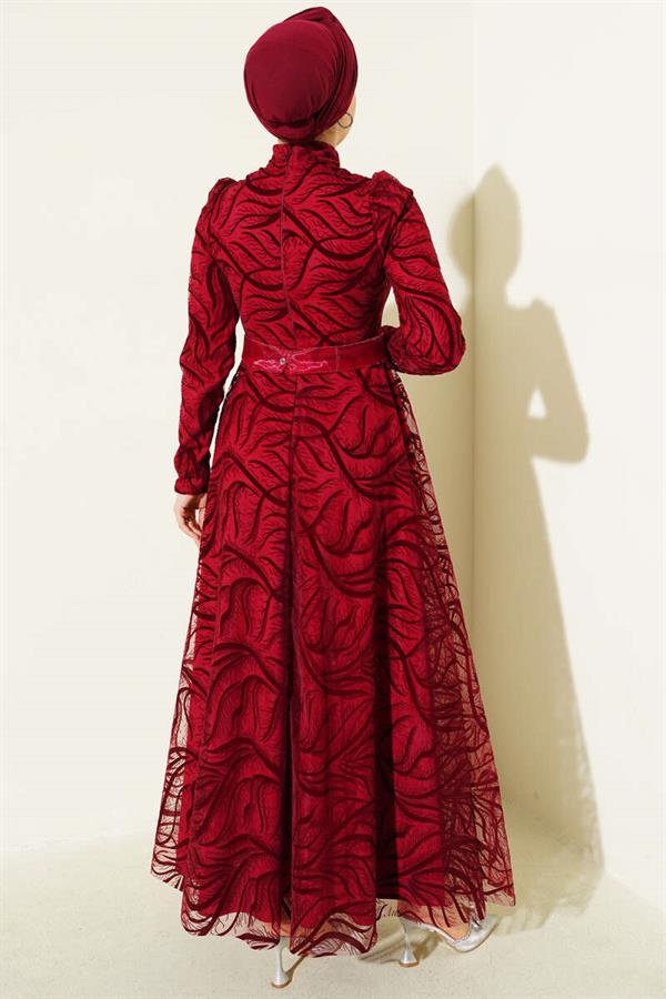 Self-Patterned Tulle Belt Evening Dress Burgundy