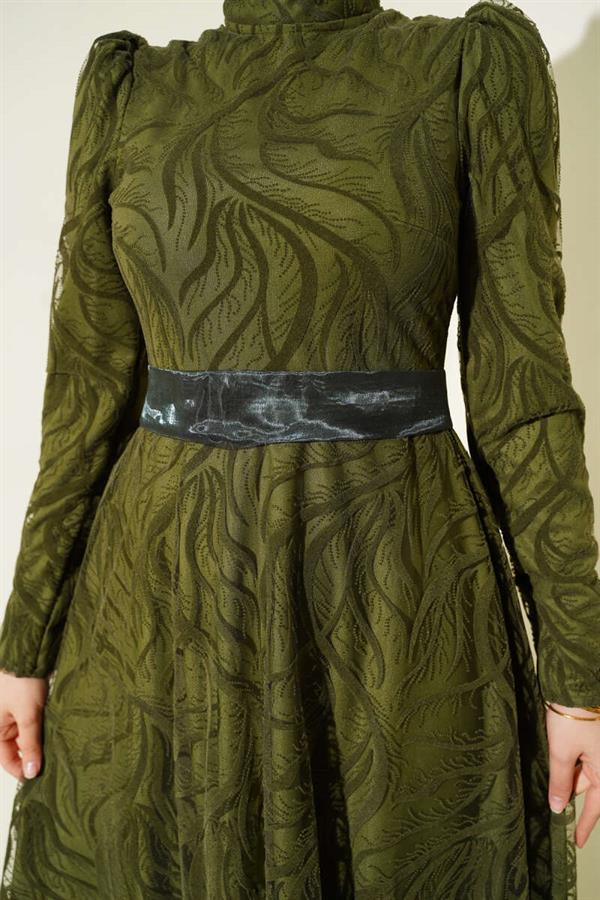 Self-Patterned Tulle Belt Evening Dress Khaki
