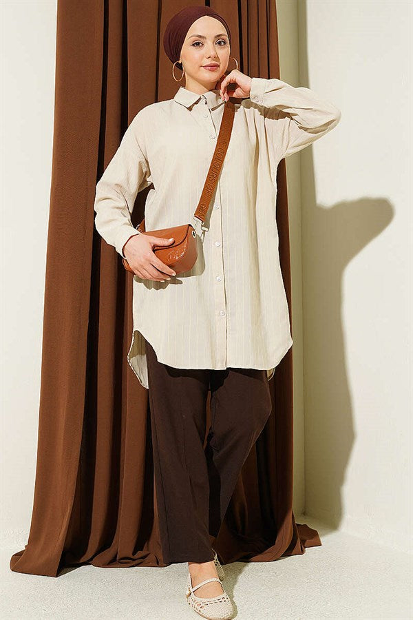 Self-striped Shirt, Beige