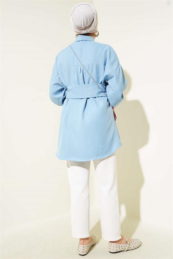 Self-Wide Belted Shirt Baby Blue