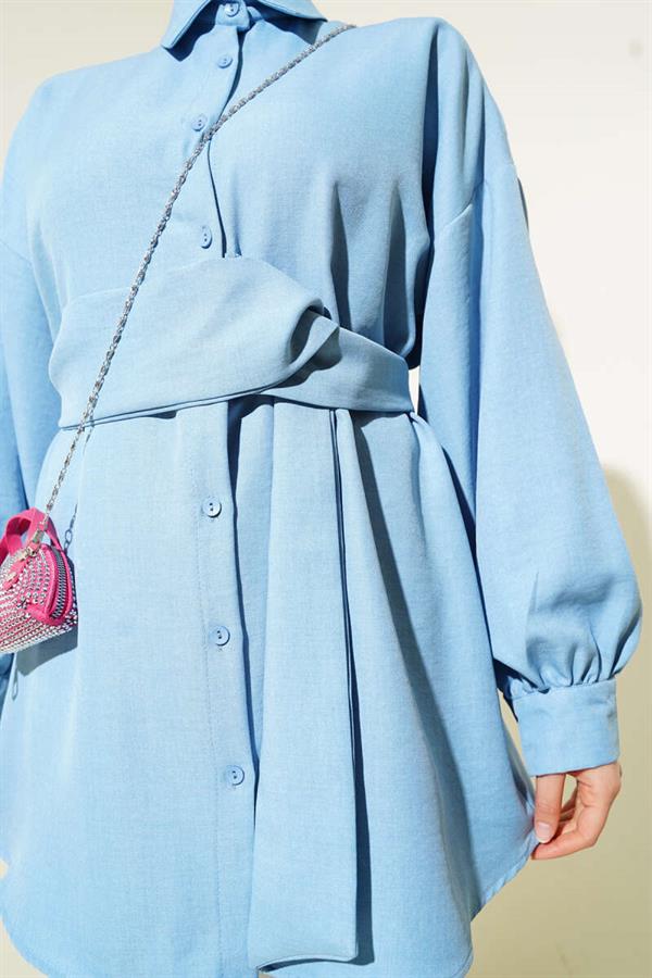 Self-Wide Belted Shirt Baby Blue