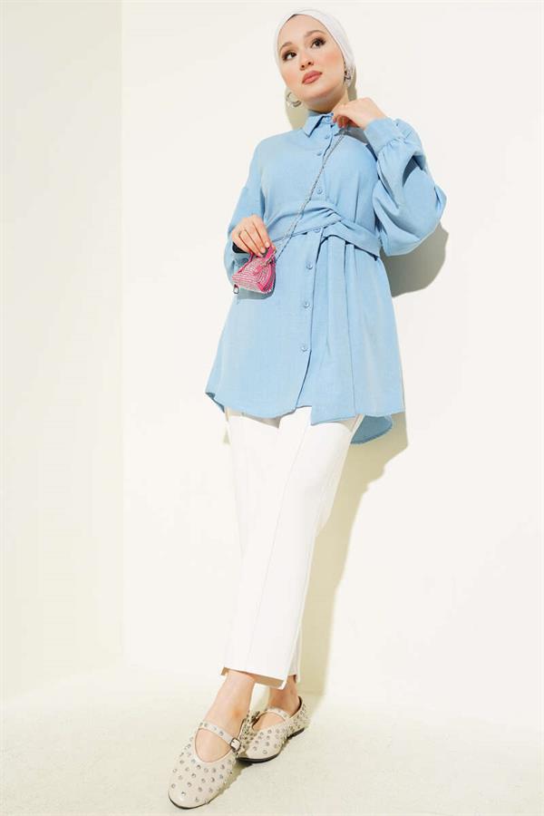 Self-Wide Belted Shirt Baby Blue