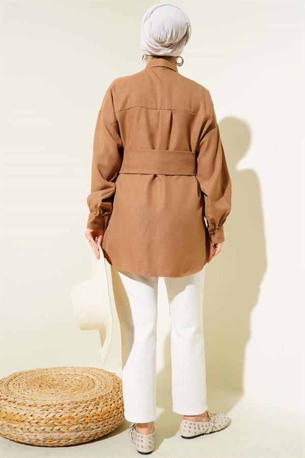 Self-Wide Belted Shirt Camel