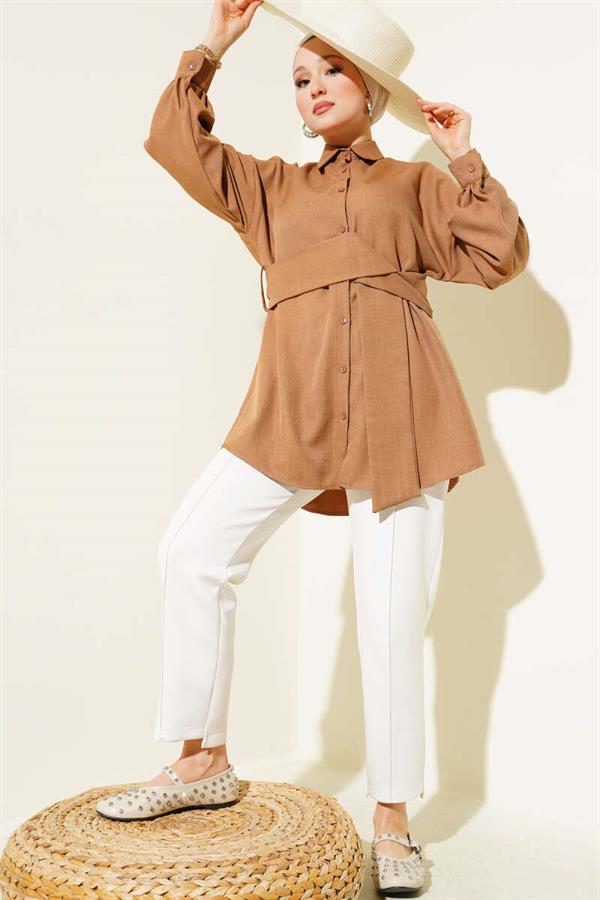 Self-Wide Belted Shirt Camel