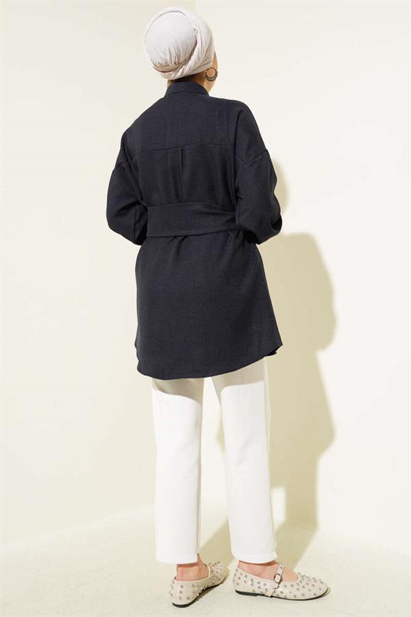 Self Wide Belted Shirt Navy Blue