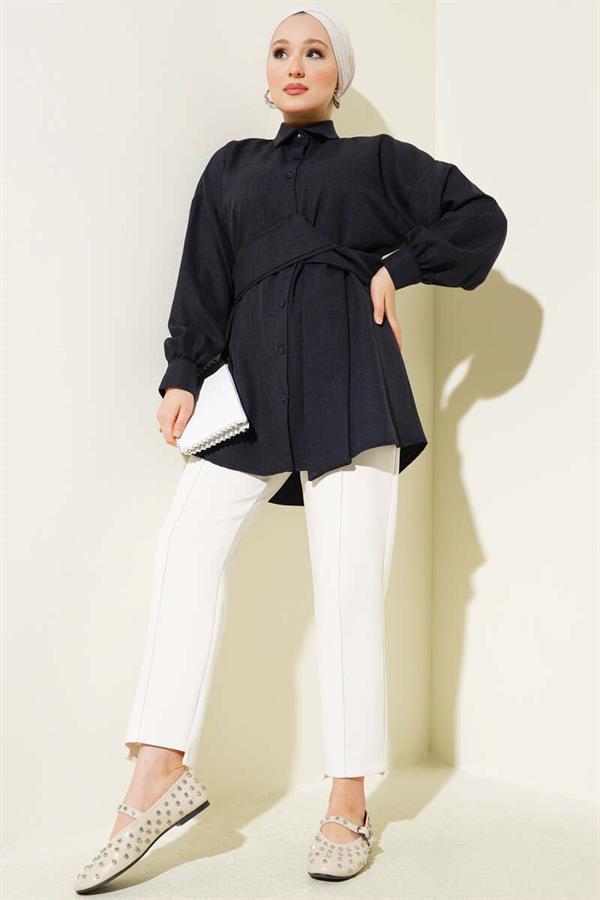 Self Wide Belted Shirt Navy Blue
