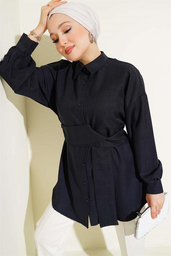 Self Wide Belted Shirt Navy Blue