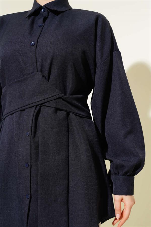 Self Wide Belted Shirt Navy Blue