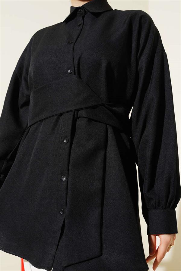 Self Wide Belted Shirt Black