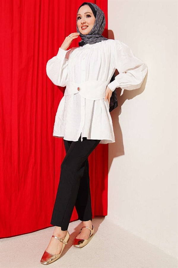 Shirt with Self-Belt Detail, Ecru