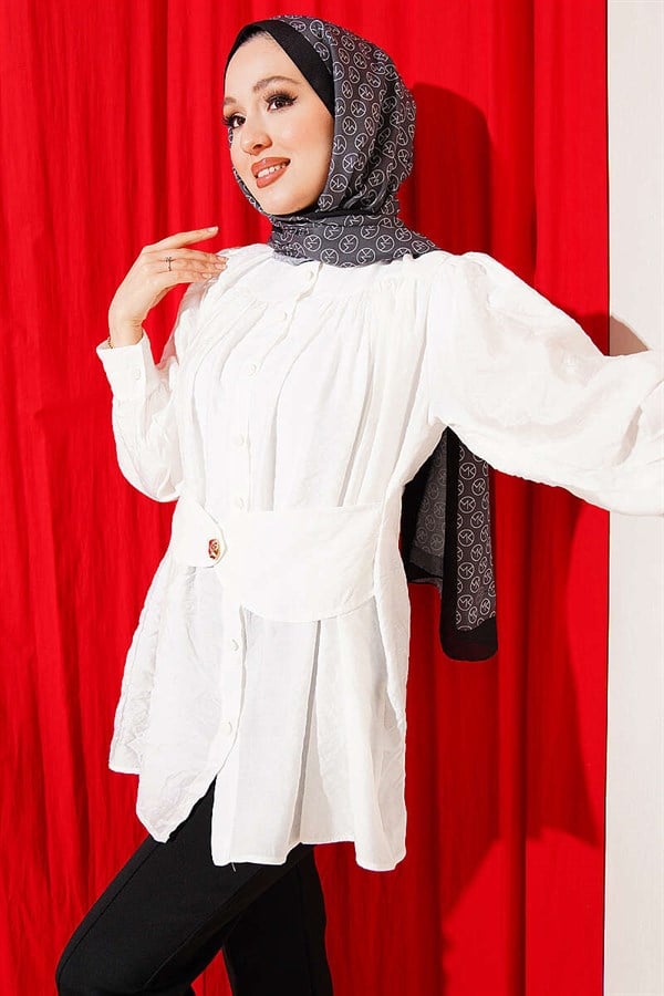 Shirt with Self-Belt Detail, Ecru