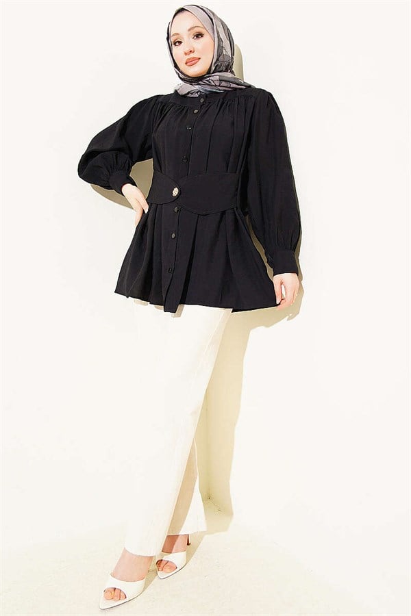 Shirt with Self-Belt Detail, Black