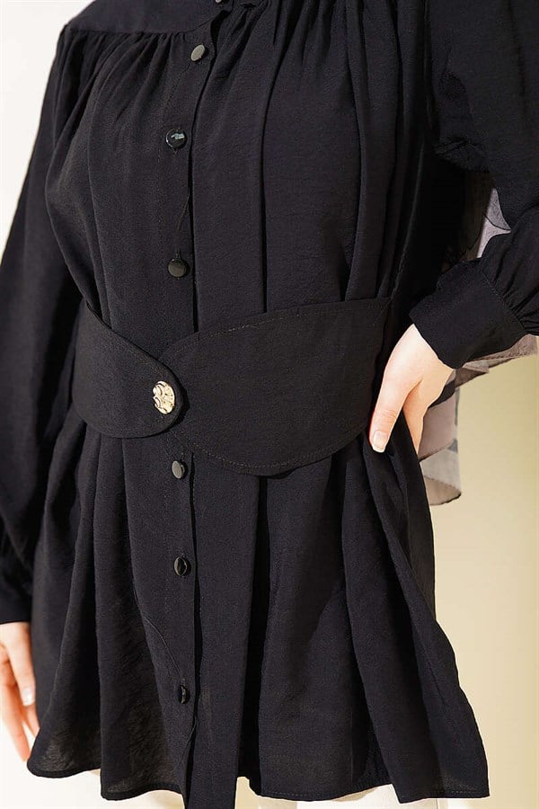 Shirt with Self-Belt Detail, Black