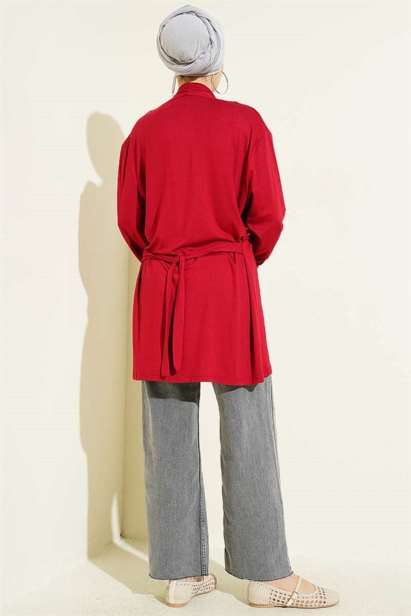 Basic Cardigan with Self-Belt, Burgundy