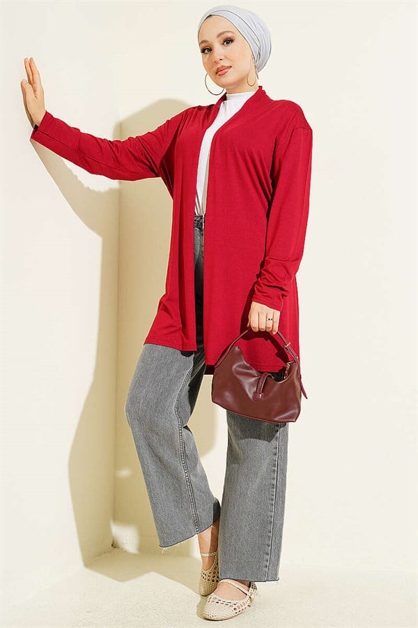 Basic Cardigan with Self-Belt, Burgundy
