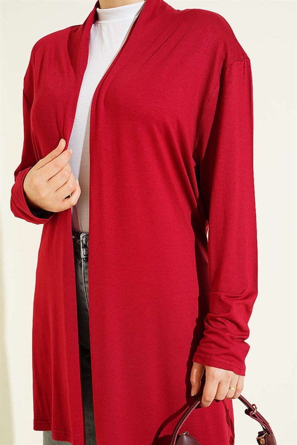 Basic Cardigan with Self-Belt, Burgundy