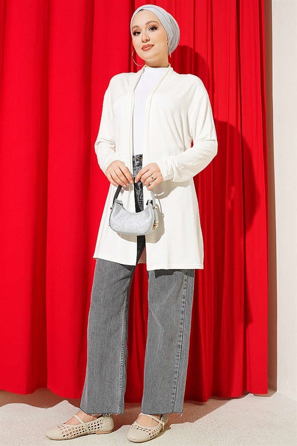 Basic Cardigan with Self-Belt, Ecru