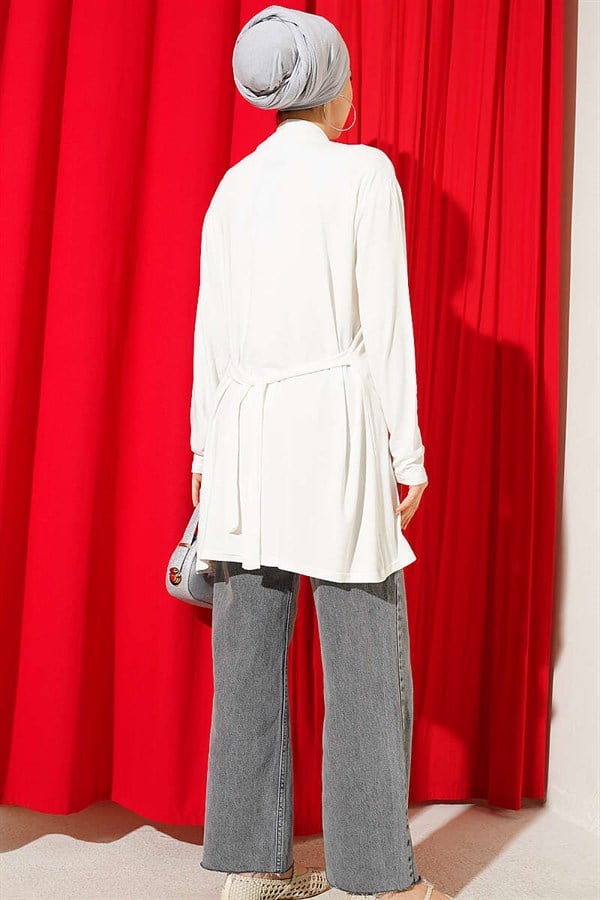 Basic Cardigan with Self-Belt, Ecru
