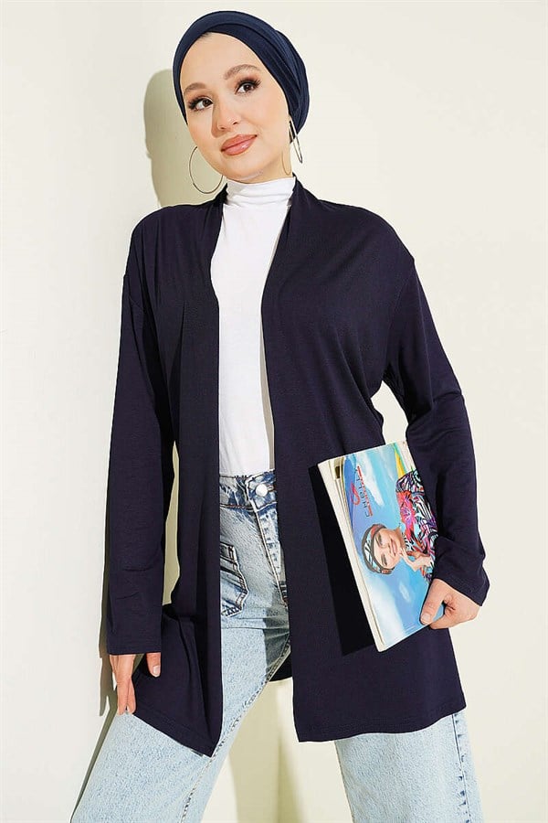 Basic Cardigan with Self-Belt, Navy Blue