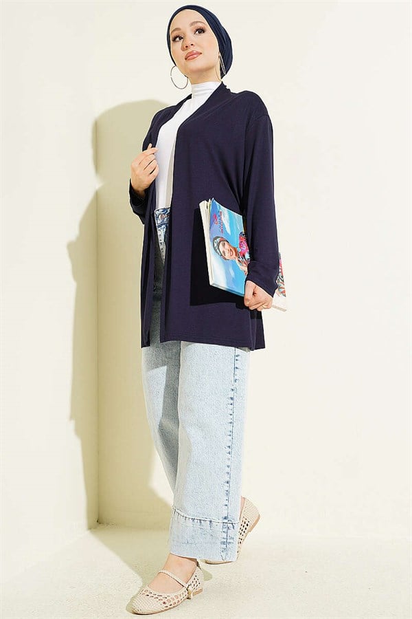 Basic Cardigan with Self-Belt, Navy Blue