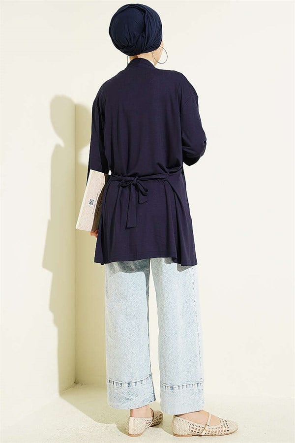 Basic Cardigan with Self-Belt, Navy Blue