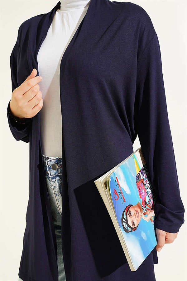 Basic Cardigan with Self-Belt, Navy Blue