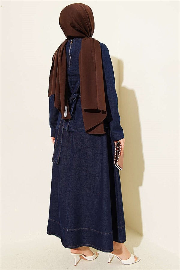 Navy Blue Denim Set with Belted Skirt and Blouse
