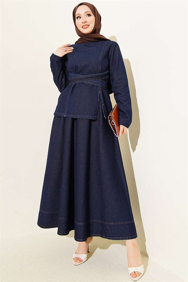 Navy Blue Denim Set with Belted Skirt and Blouse