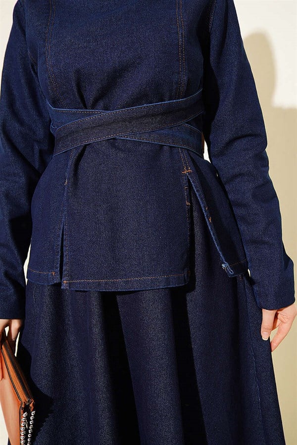 Navy Blue Denim Set with Belted Skirt and Blouse