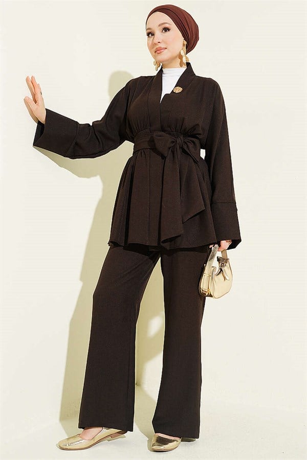 Self-Belted Kimono 2 Piece Set, Dark Brown
