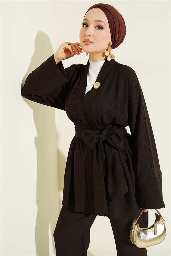 Self-Belted Kimono 2 Piece Set, Dark Brown