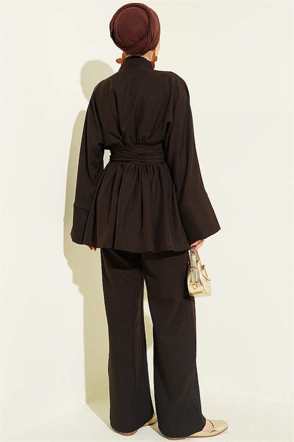 Self-Belted Kimono 2 Piece Set, Dark Brown