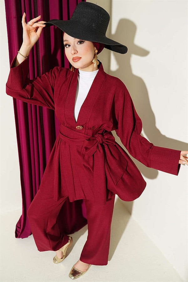 Self-Belted Kimono 2 Piece Set, Burgundy