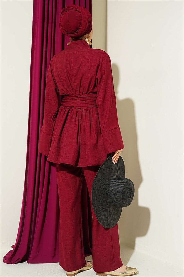 Self-Belted Kimono 2 Piece Set, Burgundy